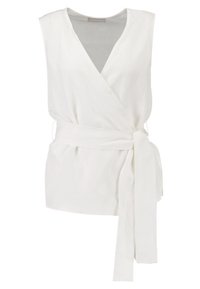 Top avvolgente bianco con scollatura a V, design senza maniche e cintura in vita. Realizzato in tessuto morbido, con una vestibilità casual e ampia.