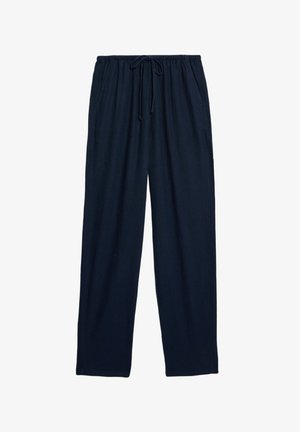 Navy blue, loose-fitting pants with an elastic waistband and drawstring. Made of lightweight fabric, featuring side pockets and straight legs.