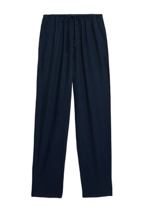 Marineblaue, locker sitzende Hose mit elastischem Bund und Kordelzug. Aus leichtem Stoff gefertigt, mit seitlichen Taschen und geraden Beinen.