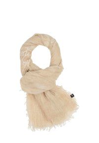 Beige scarf, lätt material med ett krinklat mönster. Har franskanter och ett subtilt blommönster. Etikett synlig.