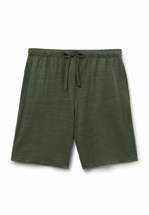 Dunkelgrüne Freizeithose mit elastischem Bund, Kordelzug und Seitentaschen, flach auf weißem Hintergrund ausgebreitet.