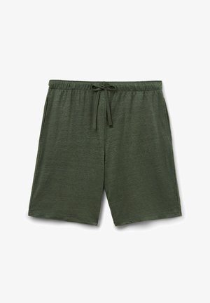 Dunkelgrüne Freizeithose mit elastischem Bund, Kordelzug und Seitentaschen, flach auf weißem Hintergrund ausgebreitet.