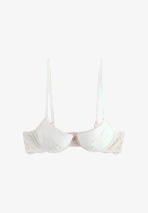 Spitzen- und Satin-BH in zartem Rosa mit gewellten Kanten, verstellbaren Trägern und einem zarten floralen Spitzenbesatz an den Körbchen.