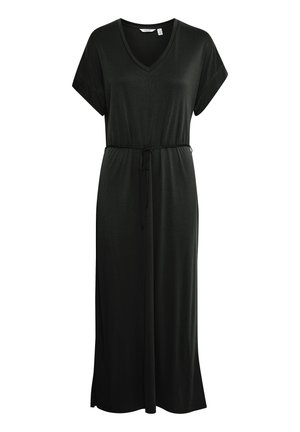 Fekete maxi ruha rövid ujjakkal, V-nyakkal, húzózsinórral a deréknál és sima anyagból. Bokáig ér, laza fazonú, oldalhasítékokkal.