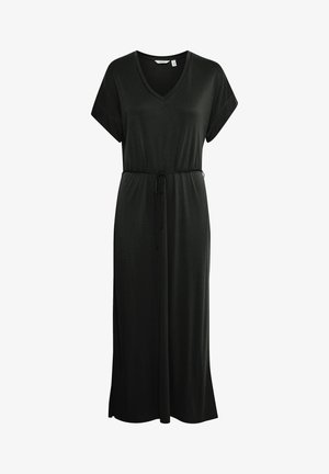 Fekete maxi ruha rövid ujjakkal, V-nyakkal, húzózsinórral a deréknál és sima anyagból. Bokáig ér, laza fazonú, oldalhasítékokkal.
