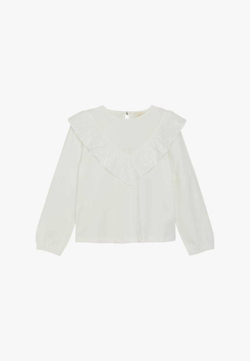 Weißes Langarmhemd mit V-Ausschnitt, ausgestattet mit einem gerafften Kragen aus transparentem, gepunktetem Stoff und elastischen Manschetten. Reißverschlussverschluss am Rücken.