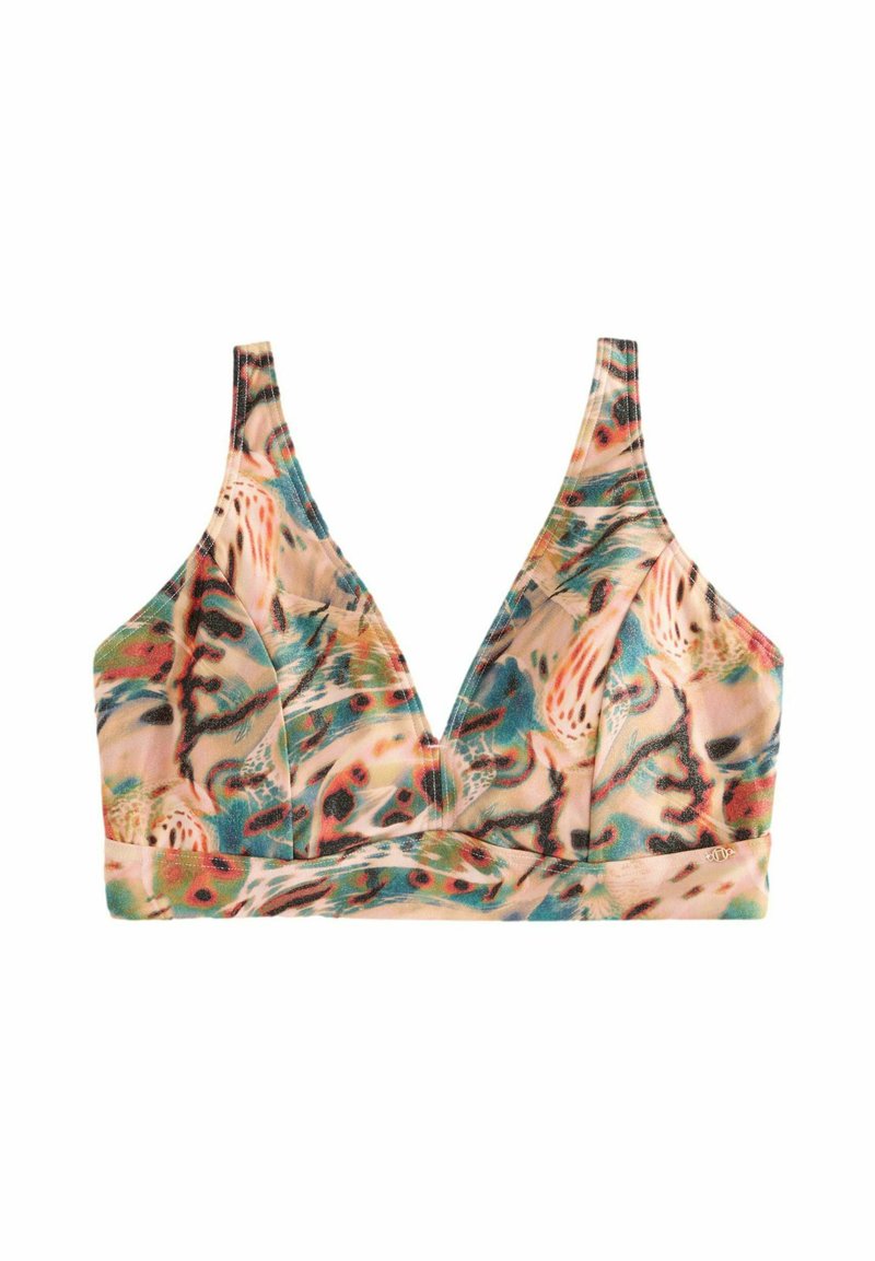 Bralette a triangolo con un motivo astratto colorato in tonalità di rosa, blu e arancione. Tessuto liscio con spalline regolabili.