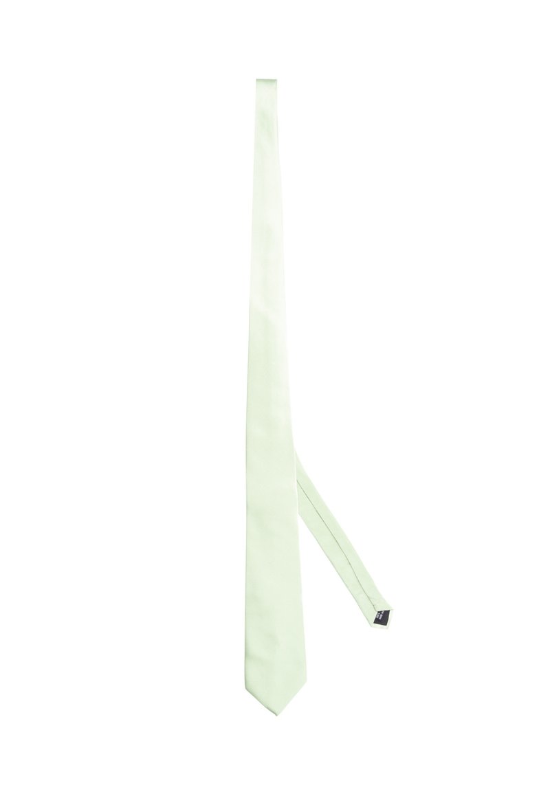 Cravatta in seta verde chiaro con una superficie liscia, forma stretta e punta appuntita. Nessun motivo o accento visibile, che mette in evidenza un design minimalista.