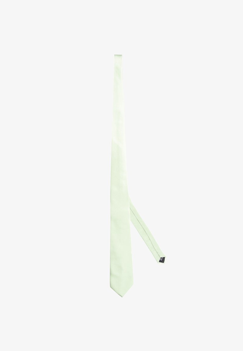 Cravatta in seta verde chiaro con una superficie liscia, forma stretta e punta appuntita. Nessun motivo o accento visibile, che mette in evidenza un design minimalista.