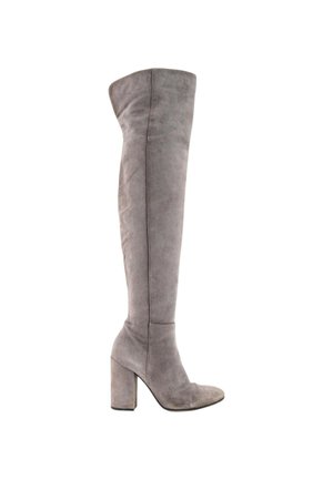 Tall gray suede boot with a rounded toe and a thick high heel, extending above the knee.