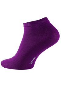 Calza alla caviglia viola realizzata in materiale morbido, con un bordo a coste, punta arrotondata e taglia stampata 39-42 sul lato.