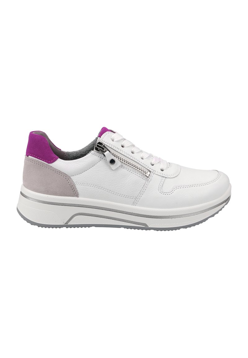 White leather sneakers with a purple suede heel accent, silver zipper detail, and textured rubber sole. Features round laces and stitching.