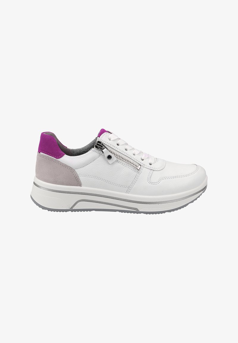 White leather sneakers with a purple suede heel accent, silver zipper detail, and textured rubber sole. Features round laces and stitching.