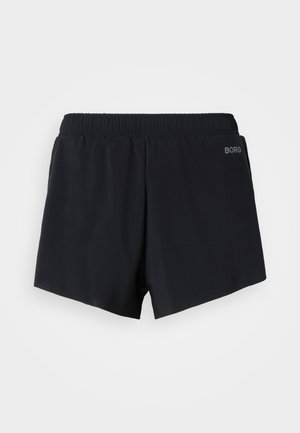 Melnas šortiem ar elastīgu jostasvietu un “BORG” logotipu augšējā labajā pusē, vienkāršs dizains, īss garums, piemēroti sportam vai ikdienas valkāšanai.