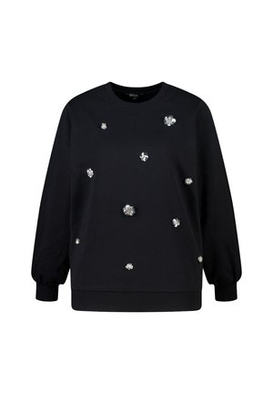 Sweatshirt noir avec un col rond et des manches bouffantes, orné de diverses appliqués floraux texturés et de sequins répartis sur tout le vêtement.