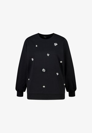 Zwarte sweatshirt met een ronde hals en pofmouwen, versierd met verschillende textuur bloem appliqués en pailletten door het hele kledingstuk.