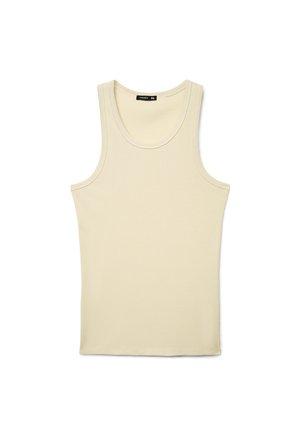 Canotta senza maniche color crema con coste, scollo rotondo, taglia XL, distesa su uno sfondo bianco.