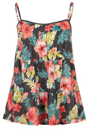 Letnia sukienka bez rękawów z regulowanymi cienkimi ramiączkami, czarnym tłem oraz żywym kwiatowym wzorem w kolorze koralowym, żółtym i zielonych liściach.