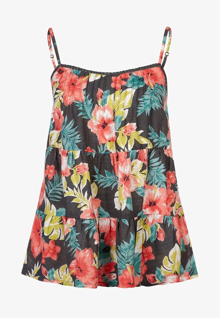 Robe d'été sans manches avec bretelles spaghetti ajustables, base noire et imprimé floral vibrant en corail, jaune et feuilles vertes.