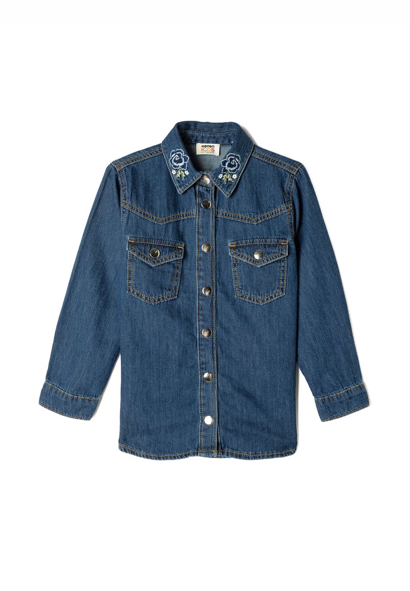 Jeansjakke med lange ærmer, falmet blå farve, broderet blomsterdesign på kraven, to brystlommer og sølvknaplukning.