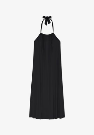 Black halter dress made of lightweight fabric. Features gathered bodice, long flowing skirt, and ribbon tie at the neck. Simple design.