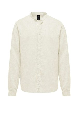 Lichtbeige langarmshirt van gestructureerde stof, met een bandkraag en een sluiting met knopen aan de voorkant, voorzien van een subtiel, geweven patroon.