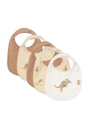 Cinq bavoirs pour bébé dans des tons de brun et crème, ornés d'illustrations de kangourous et de petits kangourous, ainsi que de motifs à pois, disposés en chevauchement sur un fond blanc.
