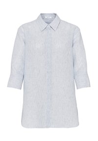 Ljusblå skjorta med krage, trekvartslånga ärmar och subtila vertikala ränder. Tillverkad av mjukt, texturerat tyg.