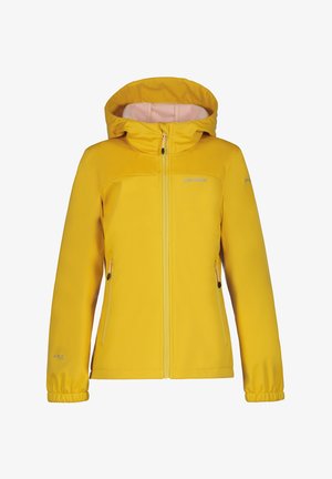 Geel waterdicht jack met een capuchon, rits aan de voorkant en elastische manchetten. Beschikt over twee zijzakken en een zachte roze binnenvoering.