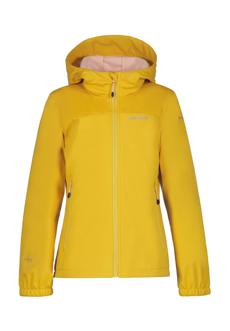 Giacca impermeabile gialla con cappuccio, chiusura con zip e polsini elasticizzati. Presenta due tasche laterali e un morbido rivestimento interno rosa.