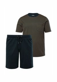 Czarny T-shirt z krótkim rękawem z pomarańczowym geometrycznym wzorem oraz granatowe szorty z elastycznym pasem i bocznymi kieszeniami.