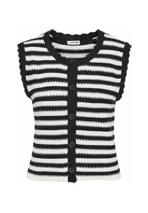 Chaleco de punto sin mangas con rayas horizontales en blanco y negro, cuello redondo y botones negros en la parte delantera.