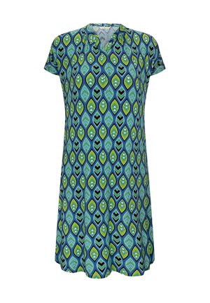 Kurzärmeliges Kleid mit grünem, blauem und schwarzem geometrischem Blattmuster und kleinem Kragen mit V-Ausschnitt.