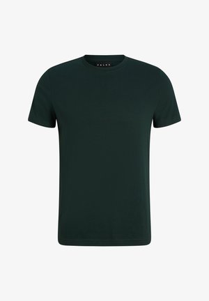 Grünes Baumwoll-T-Shirt mit Rundhalsausschnitt, kurzen Ärmeln und geradem Saum. Schlichte Gestaltung ohne Muster oder Akzente. Etikett: FALKE.