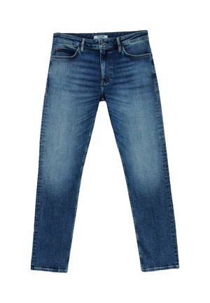 Blauwe denim jeans met een rechte pijp, voorzien van vervaagde gebieden, een knoopsluiting en klassieke vijf-pocketstijl.