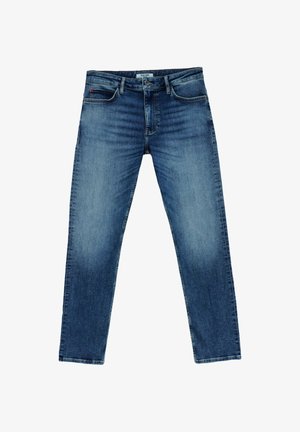 Sininen denim-housut, joissa on suora lahje, haalistuneita alueita, nappisuljenta ja klassinen viisi-taskumalli.