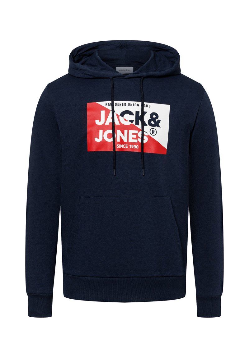 Sudadera azul marino con bolsillo canguro en el frente, capucha con cordón y un atrevido logo gráfico en blanco y rojo con el texto "JACK & JONES".