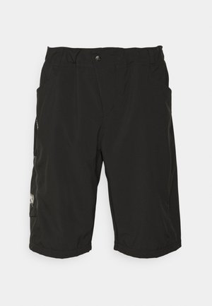 Black cargo shorts with a relaxed fit, made from lightweight material, featuring side pockets and a subtle logo detail on one leg.