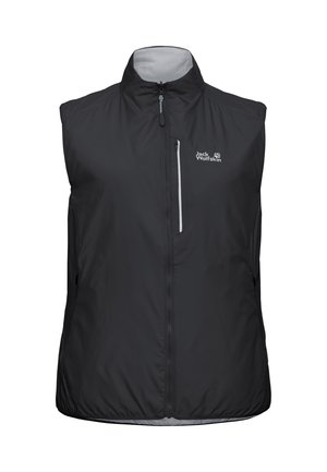 Gilet nero senza maniche con zip, collo alto, tasca con zip sul petto e logo "Jack Wolfskin" sul lato sinistro.