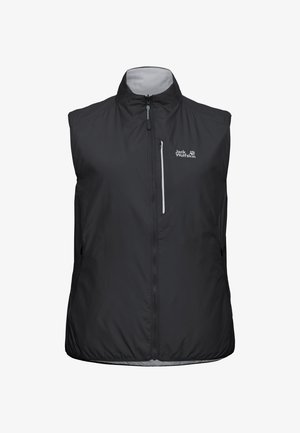 Gilet nero senza maniche con zip, collo alto, tasca con zip sul petto e logo "Jack Wolfskin" sul lato sinistro.