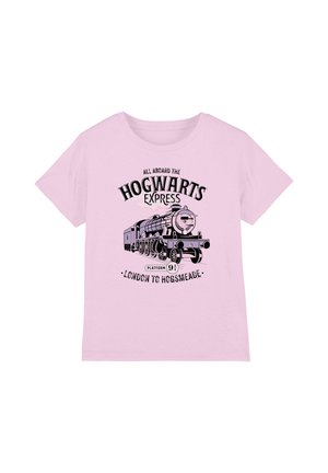 Light pink T-shirt with black print of a steam train and text "All aboard the Hogwarts Express, Platform 9¾, London to Hogsmeade."