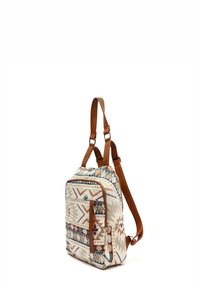 Textured canvas backpack with geometric multi-color patterns, brown leather straps, zippered pockets, and a structured rectangular shape.