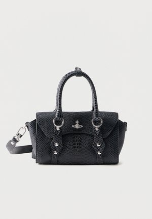 Black textured leather handbag with silver hardware, two handles, front flap, and detachable shoulder strap.