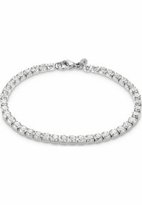 Bracciale in tonalità argento caratterizzato da una linea continua di pietre rhinestone trasparenti e rotonde incastonate in una struttura metallica lucida, chiuso con un gancio.