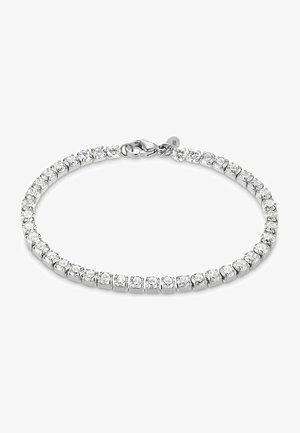 Armband in Silberoptik mit einer durchgehenden Reihe runder, klarer Strasssteine, die in einem polierten Metallrahmen eingesetzt sind, gesichert mit einem Verschluss.
