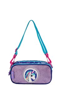 Kleine rechteckige lila glitzernde Tasche mit einem bunten Einhorn-Gesicht, blauen Riemen und pinken Verschlüssen, geeignet für Kinder.