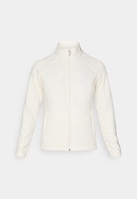 Weißer Zip-Up-Jacke mit hohem Kragen. Verfügt über gesteppten Frontpaneele und gerippte Ärmel, die einen strukturierten Kontrast bieten. Insgesamt glatte Oberfläche.
