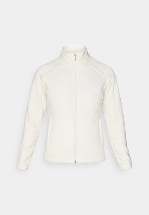 Weißer Zip-Up-Jacke mit hohem Kragen. Verfügt über gesteppten Frontpaneele und gerippte Ärmel, die einen strukturierten Kontrast bieten. Insgesamt glatte Oberfläche.