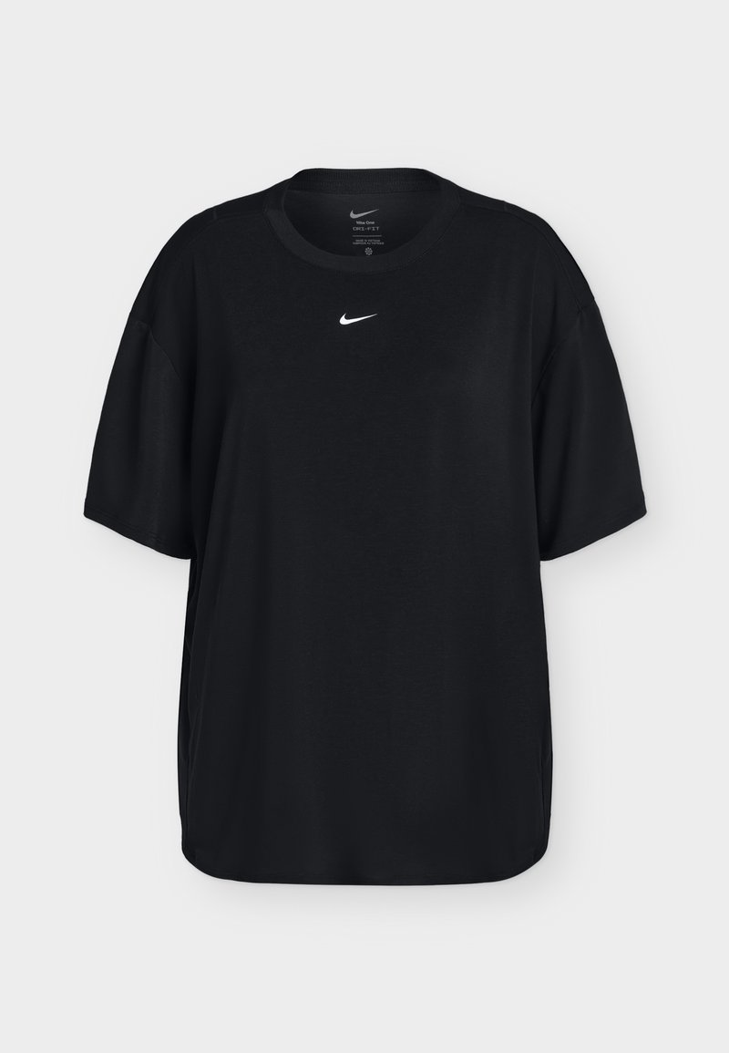 T-shirt Nike noir à manches courtes avec col rond et logo blanc Nike swoosh centré sur la poitrine.