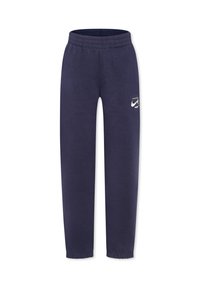 Marineblauwe sweatpants met elastische tailleband, geknoopte ankels en een klein wit logo op de bovenste linkerbeen, gemaakt van een zachte katoenmix.